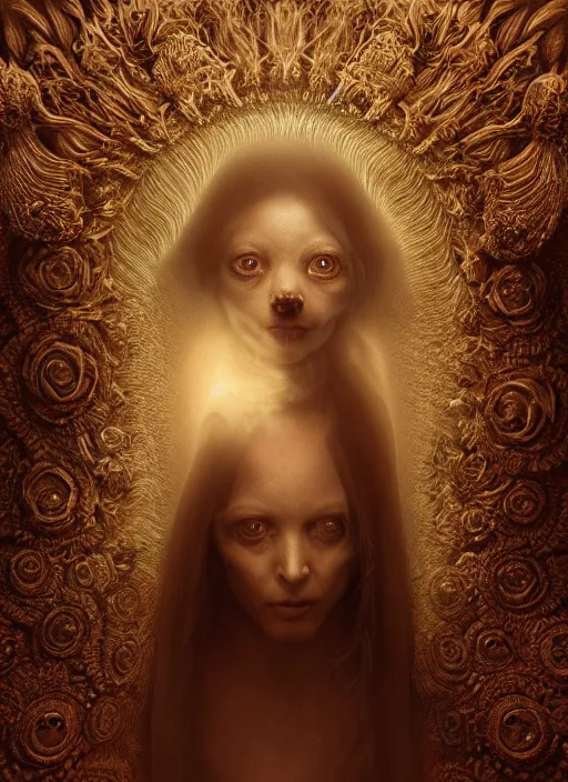 Prompt: doe chihuahua huge ominous glowing brown eyes staring into my soul, perfect eyes, soft pale golden skin, intricate stunning highly detailed, Agostino Arrivabene, Tomasz Strzalkowski, twisted bright lucid dream, 8k portrait render, swirling thick smoke , beautiful lighting, dark fantasy art, cgsociety