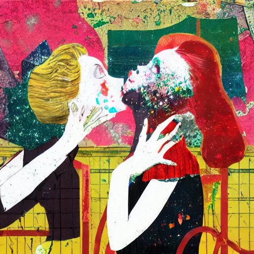 Prompt: two women kissing at a carnival, mixed media collage, retro, paper collage, magazine collage, acrylic paint splatters, bauhaus, claymation, layered paper art, sapphic visual poetry expressing the utmost of desires by junji ito