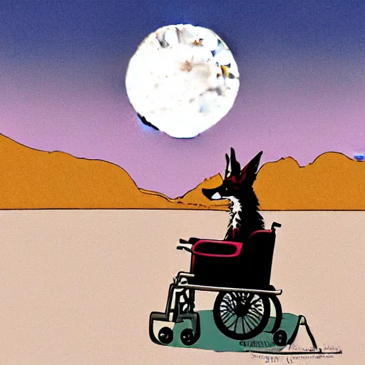 Prompt: a study of cell shaded cartoon of a jackal in a wheelchair from howl's moving castle ( 2 0 0 4 ) on a desert road, in front of a big moon, full body, wide shot, very muted colors, post grunge, studio ghibli, laurie greasley, highly detailed, deviantart, art by artgem