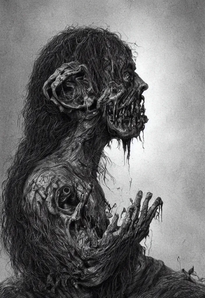 Prompt: profile portrait of a zombie, creepy atmosphere, dark, portrait, very realistic, illustration by gustave dore