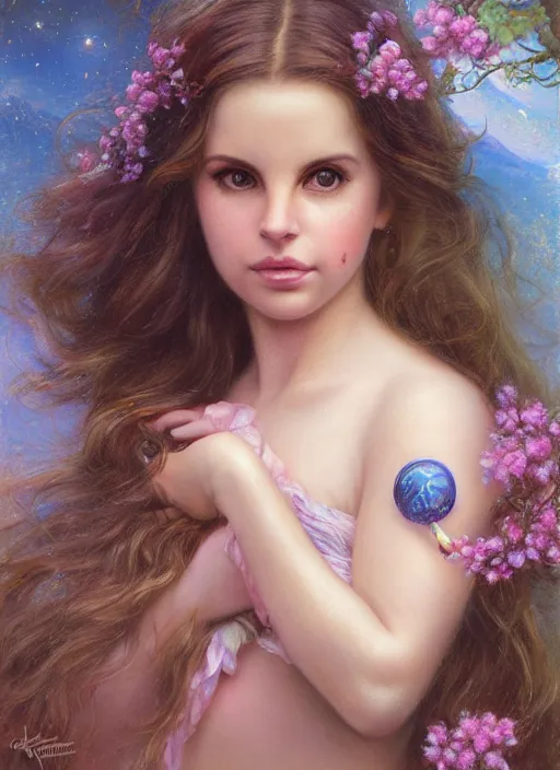 Image similar to surprised dreamy Lana Del Rey, Lilia Alvarado, Sophie Anderson, Mark Arian, Bob Byerley, Charlie Bowater, Mark Brooks, Steve Henderson, Justin Gerard, Arthur Hughes, Edward Robert Hughes, Mark Keathley, Victor Nizovtsev, Carlos Shwabe, Ross Tran, WLOP