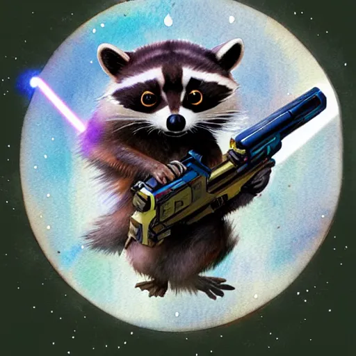 Prompt: racoon holding a laser gun, digital art, guardians of the galaxy style, centered award winning watercolor pen illustration, by caroline choi, edited by range murata