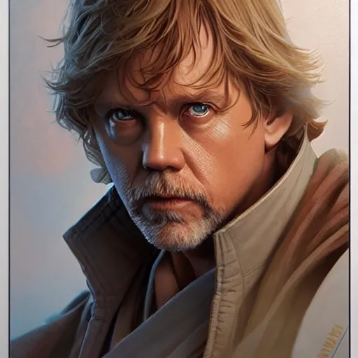 Image similar to luke skywalker grand master jedi from legends books, jedi from star wars, intricate detailed face, artgerm, greg rutkowski, alphonse mucha