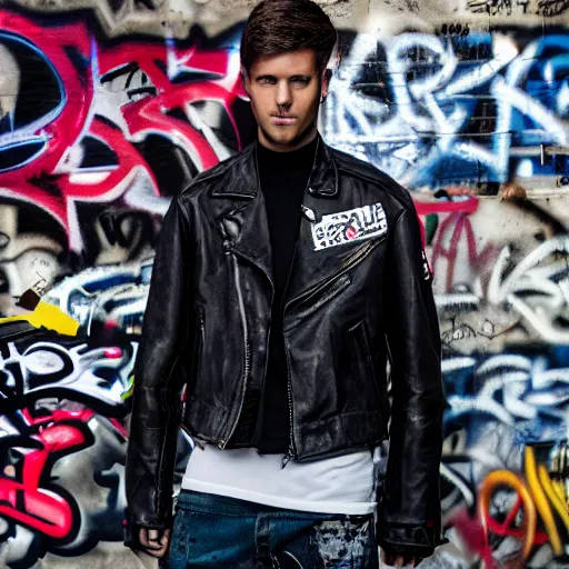 Prompt: an award - winning editorial photo of a male model wearing a distressed baggy cropped leather menswear jacket with graffiti all over, 4 k, studio lighting