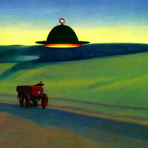 Prompt: UFO abducting a cow with its tractor beam, by Edward Hopper