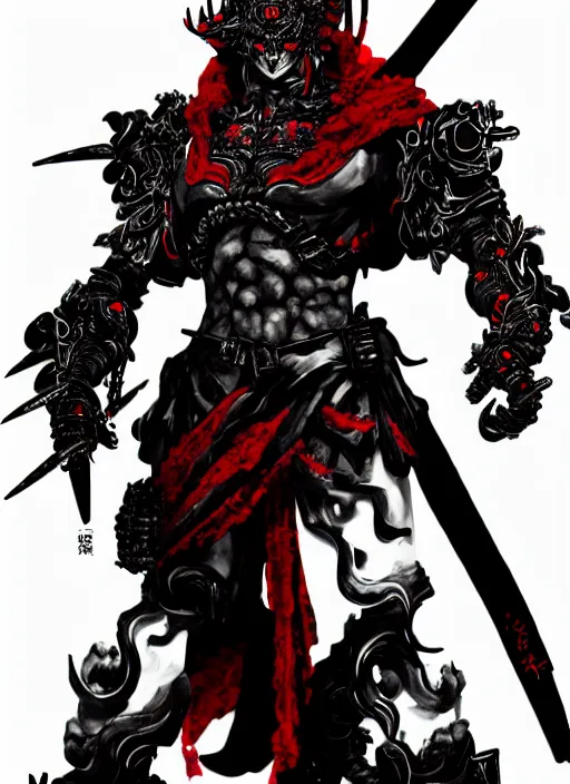 Prompt: Full body portrait of a menacing bodyguard in scary red oni mask, ornate assassin attire, katana. In style of Yoji Shinkawa and Hyung-tae Kim, trending on ArtStation, dark fantasy, great composition, concept art, highly detailed, dynamic pose.
