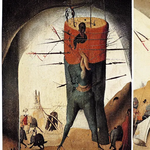 Prompt: Painting of man with his hands bound, his head covered in a rough sack made of jute, wearing a 3-piece suit, hanging upside down from a tower, while fiery imps dance and cavort below him, by Hieronymus Bosch.