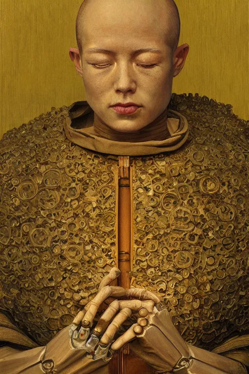 Image similar to robot monk painting a self - portrait on a canvas. intricate, highly detailed, photorealistic, film still, by vdragan bibin.