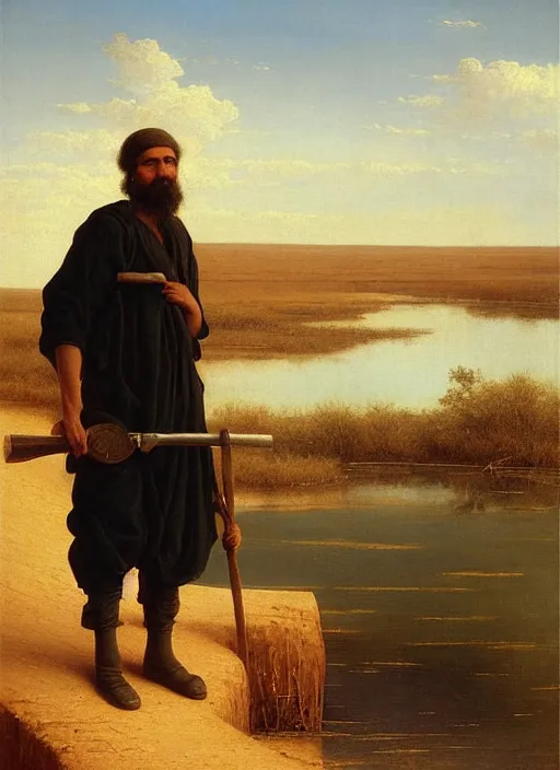 Prompt: beautiful ominous portrait of a male blacksmith in desert next to lake by Edmund Blair Leighton,