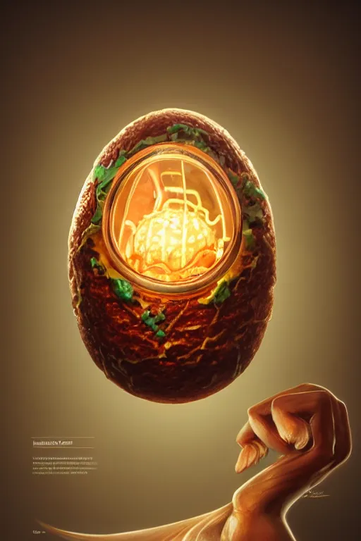 Prompt: a i hamburger in a faberge egg, anatomy, bathed in light, highly detailed, photorealistic, artstation, smooth, sharp focus, illustration, unreal engine 5, 8 k, art by artgerm and greg rutkowski and edgar maxence