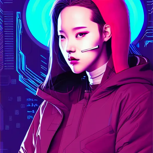 Image similar to portrait painting of a cyberpunk hacker olivia hye from loona, sharp focus, award - winning, trending on artstation, masterpiece, highly detailed, intricate. art by josan gonzales and moebius and deathburger