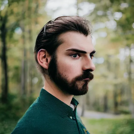 Image similar to young man, long hair, short facial hair, no mustache, dark green eyes, dark eyebrows, light widows peak light facial hair, canon eos r 3, f / 1. 4, iso 2 0 0, 1 / 1 6 0 s, 8 k, raw, unedited, symmetrical balance, in - frame