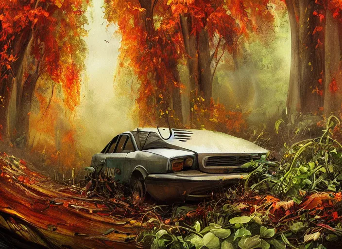 Image similar to A painting of an overgrown car in a forest, vines coming down from the tall trees, autumn, rocky ground, digital art, trending on Artstation, immaculate scale, amazing composition, cartoon illustration