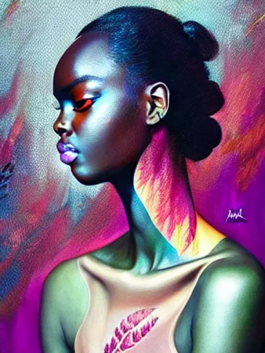 Prompt: double exposure, portrait of duckie thot with a floral background : : painted by artgerm, karol bak, artur bordalo, sandra chevrier : : portrait, character, illustration, hyperrealism, photorealism