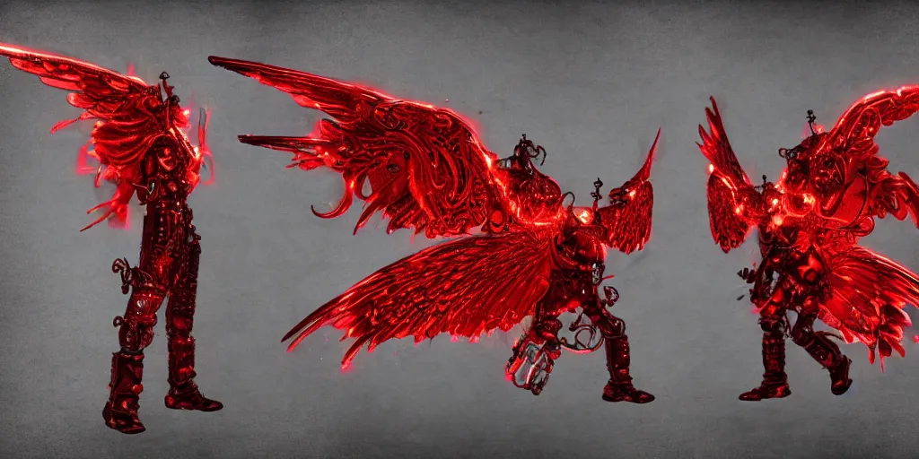 Image similar to pair of red mechanical demon wings, steampunk style, highly detailed, red houdini particle effects, glow, black background