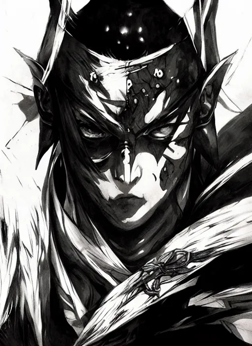 Image similar to Half body portrait of a menacing shinobi elf in scary mask In style of Yoji Shinkawa and Hyung-tae Kim, trending on ArtStation, dark fantasy, great composition, concept art, highly detailed, dynamic pose.