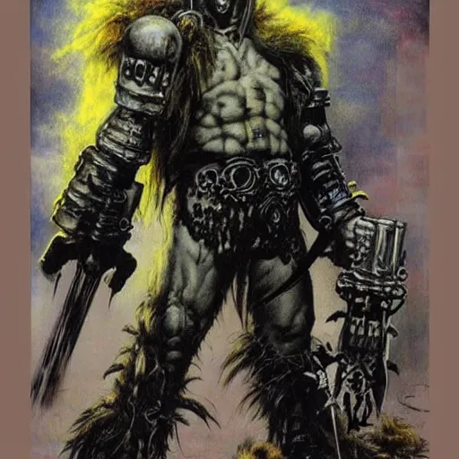 Image similar to Heavy metal Ork, Orkboy, Ork, 80s metal, mohawk, shaggy hair, New Wave of British Heavy Metal, Frank Frazetta, pulp art, illustration