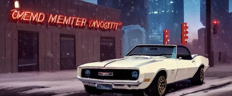 Image similar to Ermine White Chevrolet Camaro Z28 Convertible (1967), red interior, a gritty neo-noir, dramatic bright lighting, cinematic, establishing shot, extremely high detail, photorealistic, cinematic lighting, artstation, by simon stalenhag, Max Payne (PC) (2001) winter new york at night