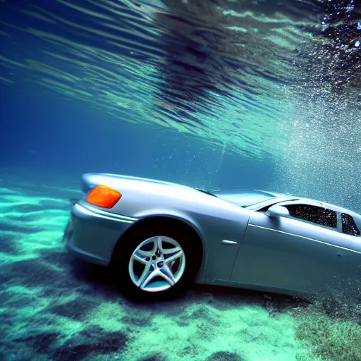 Image similar to hyperrealistic photo of a car underwater, 4 k, 8 k, thin film, full shot