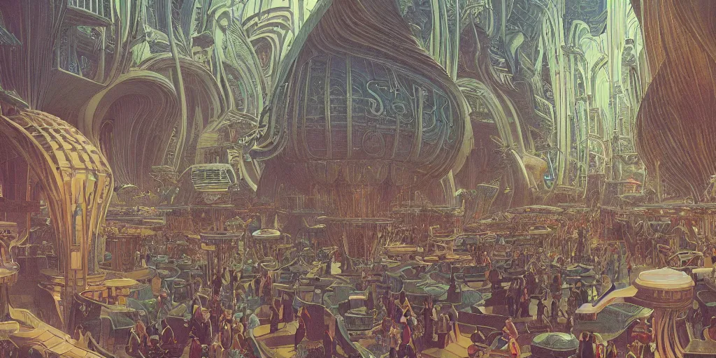 Prompt: a cinematic shot of the interior of a sci - fi space station with ornate elven architecture bustling with people by jean giraud moebius, crystalline, emerald, detailed matte illustration by moebius, clean lines, sharp focus