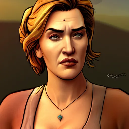 Image similar to kate winslet portrait, borderlands, tales from the borderlands, the wolf among us, comic, cinematic lighting, studio quality, 8 k