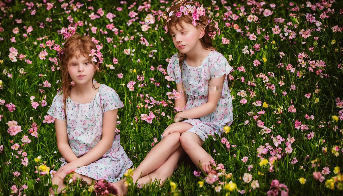 Image similar to a portrait of a girl sitting in a spring garden fine art photography in style of Lindsay Adler, bokeh light, natural colors scheme