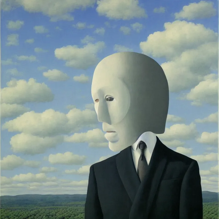 Prompt: portrait of a faceless white masked - head man in a suit, clouds and nature landscape in the background, by rene magritte, detailed painting, distance, centered, hd, hq, high resolution, high detail, 4 k, 8 k