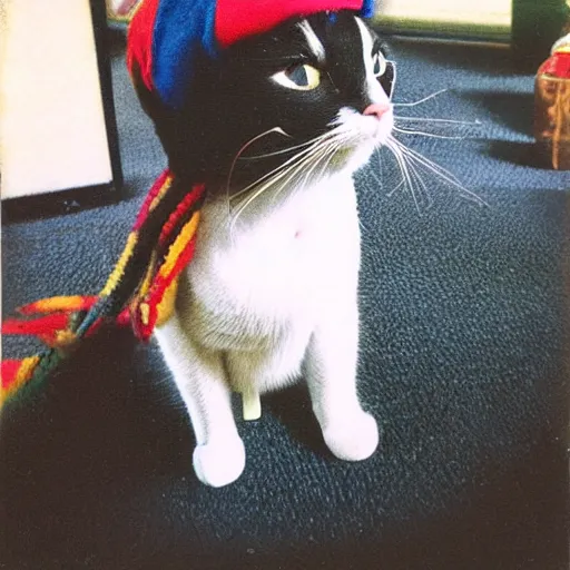 Prompt: a cat wearing a rasta hat absolutely blazing it, candid instant polaroid photograph