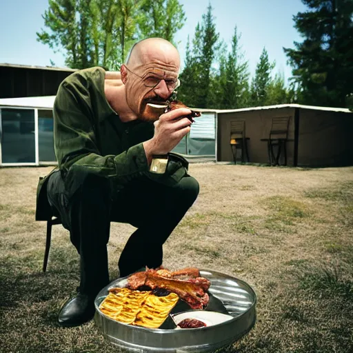 Image similar to walter white eating bbq, photography,