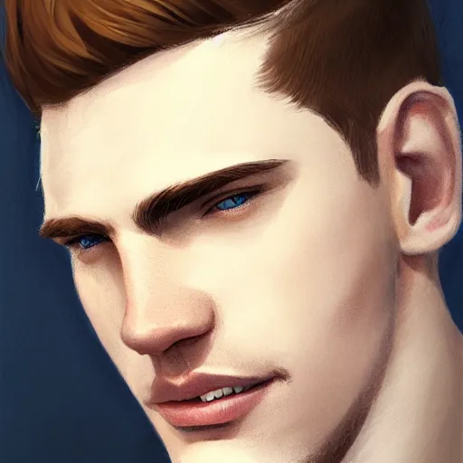 Prompt: tall chunky man in his twenties with brown blond short regular haircut and round facial structure with cleft chin, straight eyebrows, big blue eyes, smiling, cheekbones, straight nose, wider face, shadow of beard, atmospheric lighting, painted, intricate, 4 k, highly detailed by charlie bowater