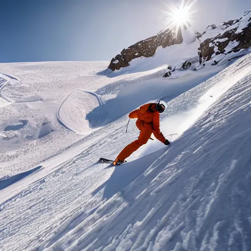 Image similar to skier in orange snow pants and black jacket skiing down a steep mountain face , aerial drone footage,