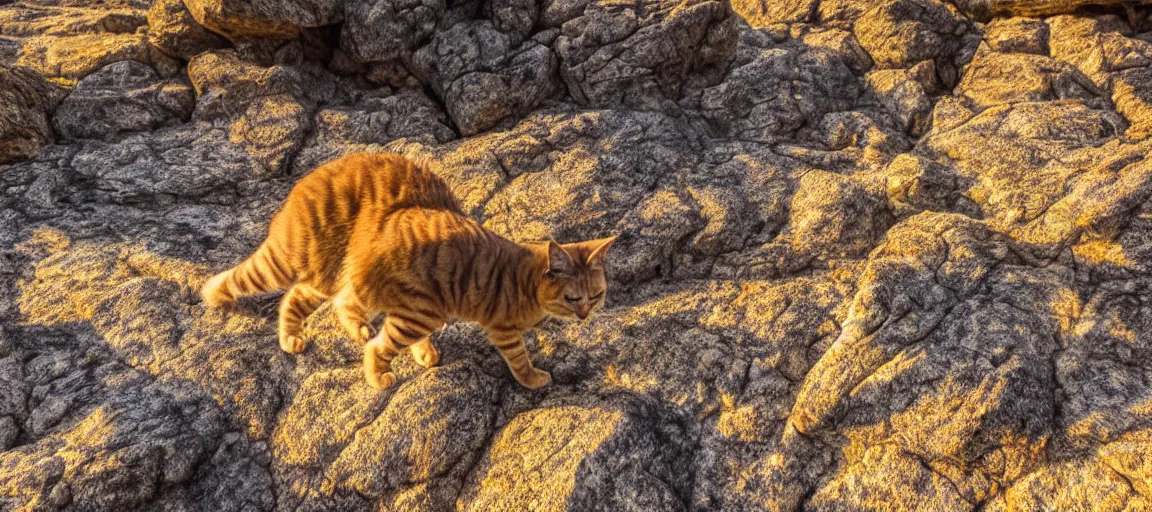 Prompt: a singular cat walking through rocks in a moutainous terrain at sunset, snow, cute, godrays, complementary colors, calm, relaxing, beautiful landscape, highly detailed, high quality, 4k HDR, natural lighting, close view, path tracing, orange palette, anatomically correct, hyperrealistic, low contrast