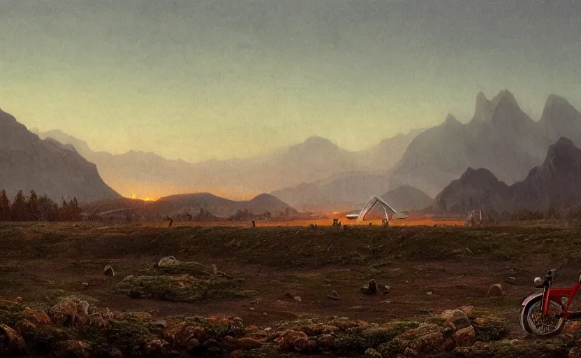 Prompt: modern airport in a field, close up shot, rocky, at dusk, distant mountains, 4k, rule of thirds, extreme detail, hazy, intricate ink illustration, surreal, surrealist, trending on artstation, cgsociety, hd, calm, complimentary colours, realistic lighting, by Albert Bierstadt, Frederic Edwin Church.