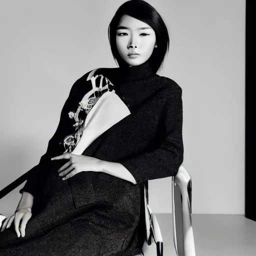 Prompt: close up of face of asian female fashion model, sitting on chair, official jil sander editorial, highly detailed