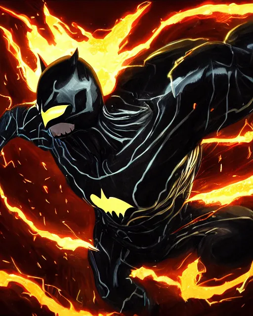 Image similar to venom as batman, with the powers of flash, dynamic lighting, fantasy concept art, trending on art station, stunning visuals, creative, cinematic, ultra detailed, comic strip style, sumihei