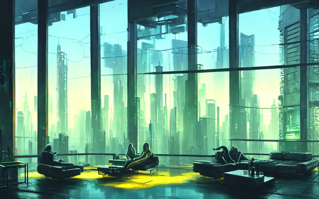 Image similar to cyberpunk loft lounge with tall windows, no people, city in background, drawn by feng zhu, sparse plants, dim painterly lighting volumetric aquatics, impasto