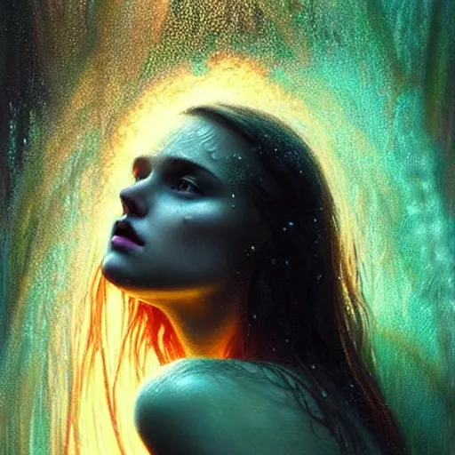 Prompt: bright asthetic portrait LSD glowing backlit rain on face and wet hair, fantasy, intricate, elegant, dramatic lighting, highly detailed, lifelike, photorealistic, digital painting, artstation, illustration, concept art, smooth, sharp focus, art by John Collier and Albert Aublet and Krenz Cushart and Artem Demura and Alphonse Mucha