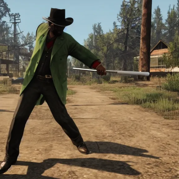 Prompt: screenshot of big smoke in red dead redemption 1, wearing green clothing, grey trilby hat and thick square frame glasses, swinging a baseball bat as a weapon