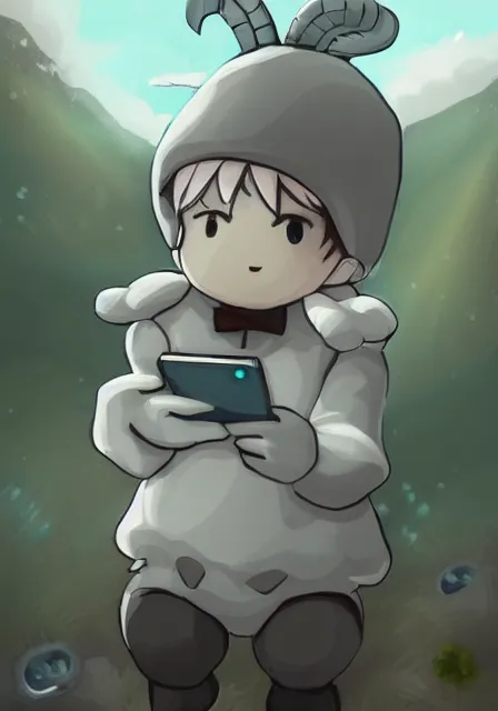 Image similar to little boy wearing sheep suit using a smartphone, gray, blue, green and brown pallet color. made in abyss art style, inspired in kris from deltarrune, cute detailed artwork, anatomically correct, soft details, ligh, reflection