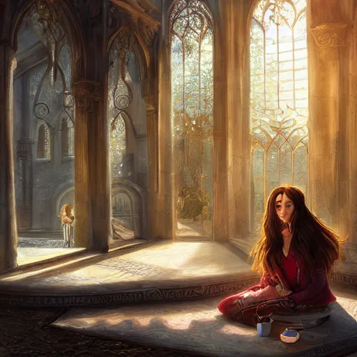 Image similar to a huge fantasy courtyard, a young pretty woman with long hair sits with a coffee, golden morning light, dramatic light, happy cozy feelings, oil painting trending on artstation