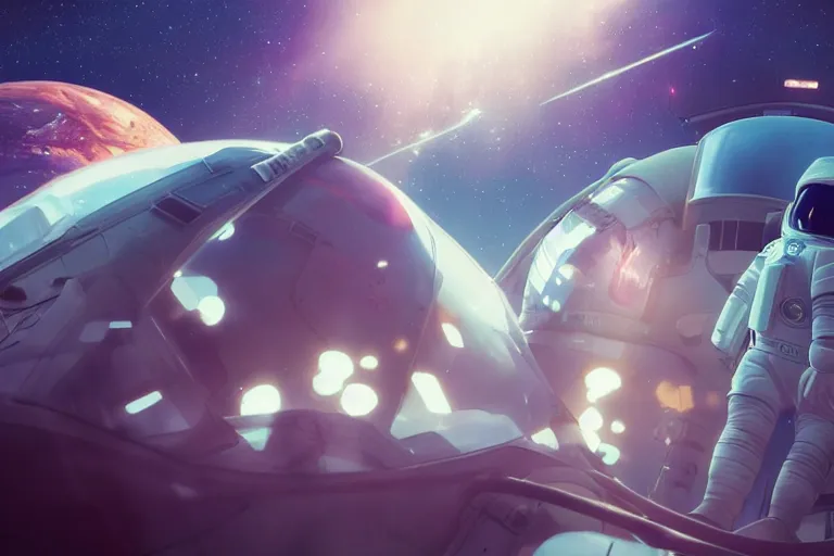 Image similar to astronaut chasing a distant spaceship Anime, wide angle, fine details, cinematic. galaxy starscape. realistic shaded lighting by Ilya Kuvshinov Giuseppe Dangelico Pino and Michael Garmash and Rob Rey greg rutkowski, octane render, IAMAG premiere, aaaa achievement collection, elegant freckles, cinematic hologram, fabulous, daily deviation, annual award winner