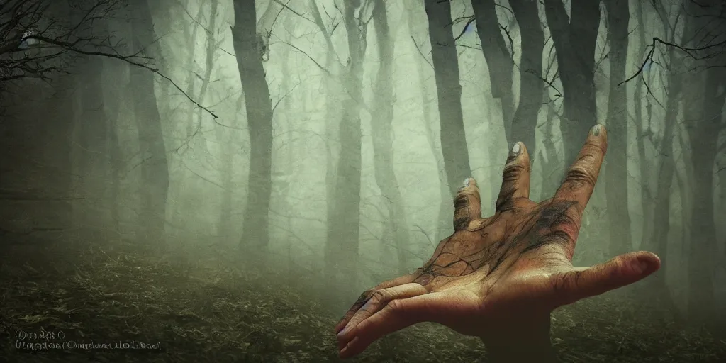Image similar to a hand of a forest giant, closeup, dirty nails, bridge to terabithia, fantasy, fog, digital art, studio lighting, deep colors
