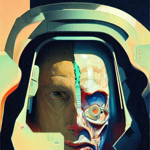 Prompt: portrait half face robot,highly detailed, very coherent, painted by Francis Bacon and Edward Hopper, Wayne Barlowe, painted by James Gilleard, surrealism, airbrush, art by JamesJean