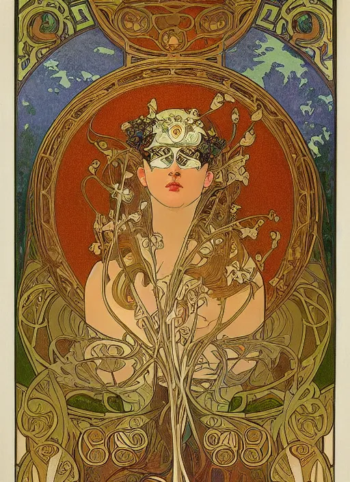 Prompt: a museum photograph of a beautiful, symmetrical, intricate, highly detailed art nouveau mask depicting aspects of october, by alphonse mucha