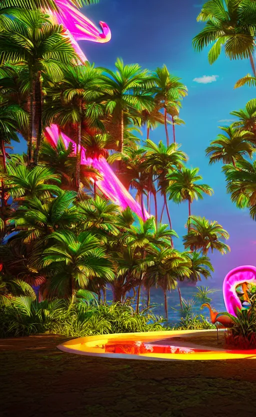 Image similar to unreal engine 5 8 k uhd render of an flamingocore tropicalwave junglepunk abstrafractalmancer, photorealistic, animal photography, photo safari, fashion shoot, lush tropical surroundings, volumetric lighting, sunlight, 1 0 5 mm lens