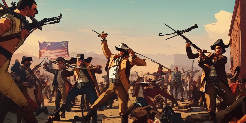 Prompt: the american revolution year 1 7 7 5, gta v art, borderlands style, celshading, trending on artstation, by rhads, andreas rocha, rossdraws, makoto shinkai, laurie greasley, lois van baarle, ilya kuvshinov and greg rutkowski