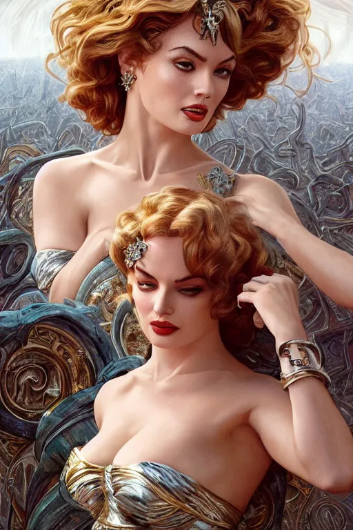 Image similar to ultra realistic illustration, a stunningly beautiful greek goddess of chaos played by marilyn monroe and christina hendricks and margot robbie and taylor swift and megan fox and emma stone and britney spears, intricate, elegant, highly detailed, digital painting, artstation, concept art, smooth, sharp focus, illustration, art by artgerm and greg rutkowski and alphonse mucha