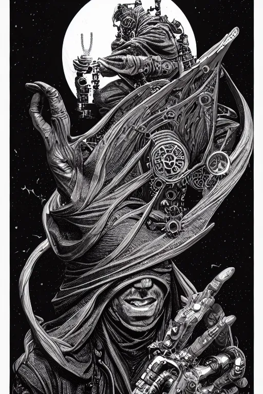 Image similar to side view of a cloaked ancient alchemist steampunk wizard casting a spell, high details, lineart, by vincent di fate and joe fenton,, inking, screen print, masterpiece, trending on artstation, sharp, high contrast, hyper - detailed, hd, 4 k, 8 k