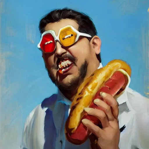 Prompt: greg manchess portrait painting ofchubby man eating a hot dog overwatch character, medium shot, asymmetrical, profile picture, organic painting, sunny day, matte painting, bold shapes, hard edges, street art, trending on artstation, by huang guangjian and gil elvgren and sachin teng