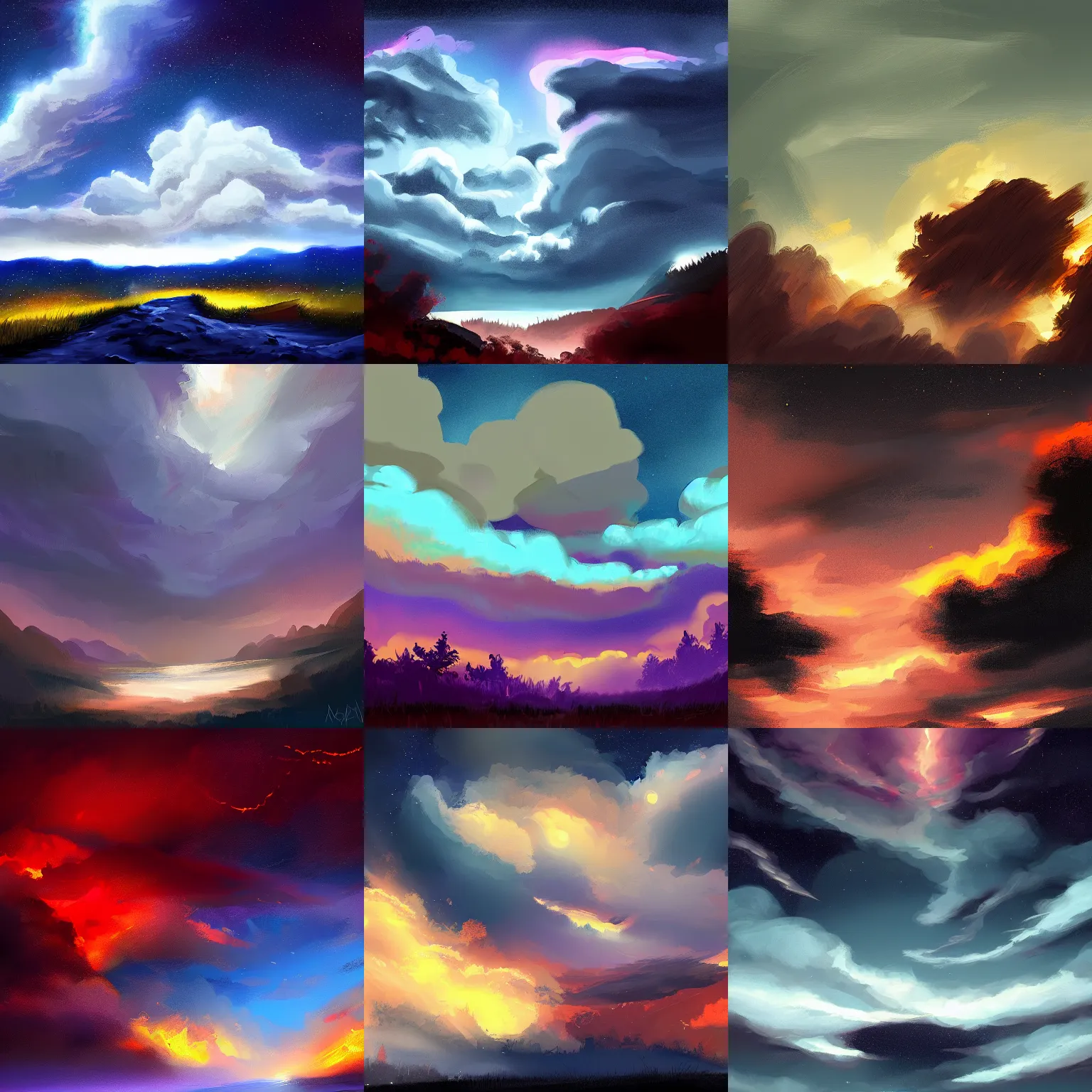 Prompt: Thunder night sky, digital painting, artstationHQ, artstationHD
